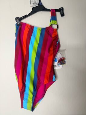 Sophia Vergara Multi striped one arm swimsuit.
